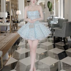 ชุดเดรส เกาะอก แต่งเพชร+กลิตเตอร์ สีฟ้า 2029 Size M