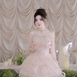 ชุดเดรส เกาะอก แต่งมุก+กลิตเตอร์ สีชมพู 2040 Size S