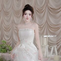 ชุดเดรส เกาะอก แต่งโบว์+กลิตเตอร์ สีขาว 2032 Size M