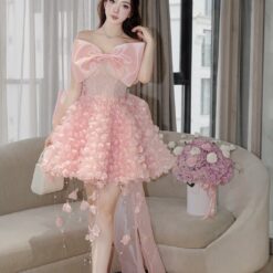 ชุดเดรส เกาะอก แต่งดอก+โบว์ สีชมพู 2037 Size M
