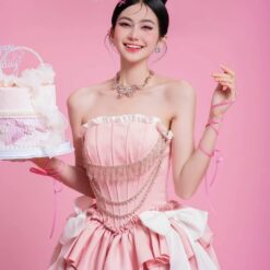 ชุดเดรส เกาะอก แต่งโบว์+เพชร สีชมพู สีบานเย็น 2112 Size S