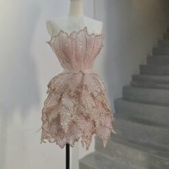 ชุดเดรส เกาะอก แต่งกลิตเตอร์ ทรงดอก สีชมพู 2047 Size M