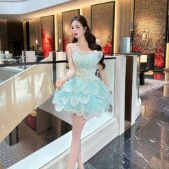 ชุดเดรส เกาะอก แต่งมุก+กลิตเตอร์ สีฟ้า 2042 Size M