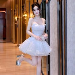 ชุดเดรส เกาะอก แต่งเพชร+กลิตเตอร์ สีขาว 2048 Size M