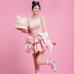 ชุดเดรส เกาะอก แต่งโบว์+เพชร สีชมพู สีบานเย็น 2112 Size S