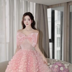 ชุดเดรส เกาะอก แต่งดอก+โบว์ สีชมพู 2037 Size S