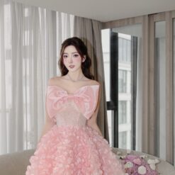 ชุดเดรส เกาะอก แต่งดอก+โบว์ สีชมพู 2037 Size M