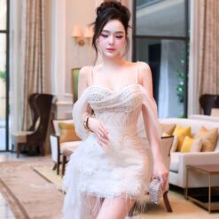 ชุดเดรส สายเดี่ยว ปาดไหล่ แต่งเพชร+ดอก สีขาว 2044 Size S