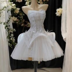 ชุดเดรส เกาะอก แต่งกลิตเตอร์ สีขาว 2025 Size M