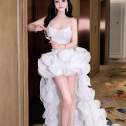 ชุดเดรส สายเดี่ยว แต่งดอก+หางยาว สีขาว 2023 Size S