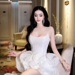 ชุดเดรส สายเดี่ยว แต่งดอก+หางยาว สีขาว 2023 Size S