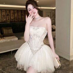 ชุดเดรส เกาะอก แต่งเพชร สีขาว 2011 Size S