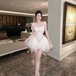 ชุดเดรส เกาะอก แต่งเพชร สีขาว 2011 Size S