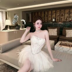 ชุดเดรส เกาะอก แต่งเพชร สีขาว 2011 Size S