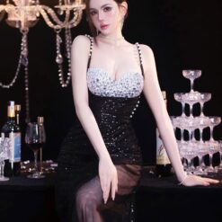 ชุดราตรียาว แต่งเพชร+กลิตเตอร์ สีดำ 3001 Size S