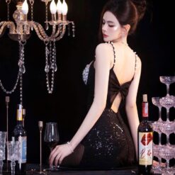 ชุดราตรียาว แต่งเพชร+กลิตเตอร์ สีดำ 3001 Size S