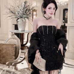 ชุดเดรส เกาะอก แต่งเพชร+ดอก 2009 Size M