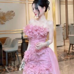 ชุดเดรส ปาดไหล่ แต่งดอก สีชมพู 2008 Size M