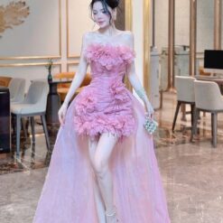 ชุดเดรส ปาดไหล่ แต่งดอก สีชมพู 2008 Size M