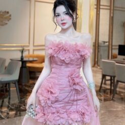 ชุดเดรส ปาดไหล่ แต่งดอก สีชมพู 2008 Size M