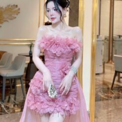 ชุดเดรส ปาดไหล่ แต่งดอก สีชมพู 2008 Size M