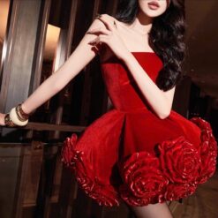 ชุดเดรส เกาะอก แต่งดอก สีแดง 2001 Size M