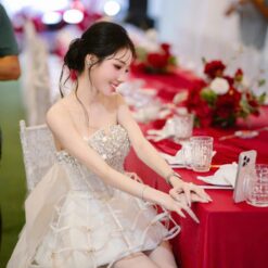 ชุดเดรส เกาะอก แต่งเพชร+โบว์ สีขาว 2030 Size S-M