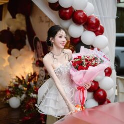 ชุดเดรส เกาะอก แต่งเพชร+โบว์ สีขาว 2030 Size S-M