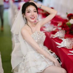 ชุดเดรส เกาะอก แต่งเพชร+โบว์ สีขาว 2030 Size S-M