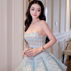 ชุดเดรส เกาะอก แต่งเพชร+กลิตเตอร์ สีฟ้า 2029 Size M