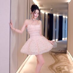 ชุดเดรส เกาะอก แต่งเพชร+กลิตเตอร์ สีชมพู 2028 Size S