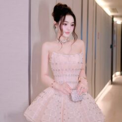 ชุดเดรส เกาะอก แต่งเพชร+กลิตเตอร์ สีชมพู 2028 Size S