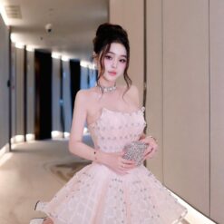 ชุดเดรส เกาะอก แต่งเพชร+กลิตเตอร์ สีชมพู 2028 Size S