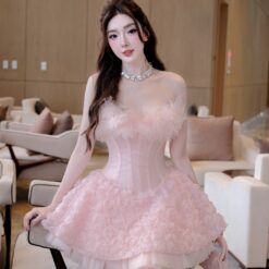 ชุดเดรส เกาะอก แต่งดอก สีชมพู 2027 Size S