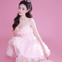 ชุดเดรส เกาะอก แต่งดอก สีชมพู 2027 Size S