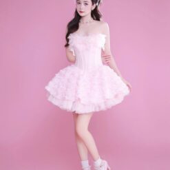 ชุดเดรส เกาะอก แต่งดอก สีชมพู 2027 Size S