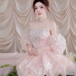 ชุดเดรส เกาะอก แต่งดอก+กลิตเตอร์ สีชมพู 2017 Size M