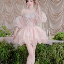 ชุดเดรส เกาะอก แต่งดอก+กลิตเตอร์ สีชมพู 2017 Size M