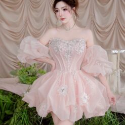 ชุดเดรส เกาะอก แต่งดอก+กลิตเตอร์ สีชมพู 2017 Size M