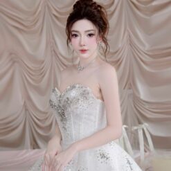 ชุดเดรส เกาะอก แต่งเพชร+กลิตเตอร์ สีขาว 2015 Size M