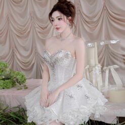 ชุดเดรส เกาะอก แต่งเพชร+กลิตเตอร์ สีขาว 2015 Size M