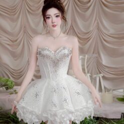 ชุดเดรส เกาะอก แต่งเพชร+กลิตเตอร์ สีขาว 2015 Size M