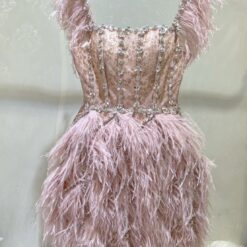 ชุดเดรส แต่งขน+เพชร สีชมพู 2119 Size M