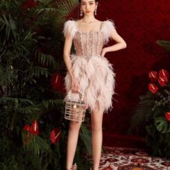 ชุดเดรส แต่งขน+เพชร สีชมพู 2119 Size M