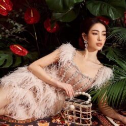 ชุดเดรส แต่งขน+เพชร สีชมพู 2119 Size M