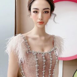 ชุดเดรส แต่งขน+เพชร สีชมพู 2119 Size M