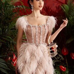 ชุดเดรส แต่งขน+เพชร สีชมพู 2119 Size M