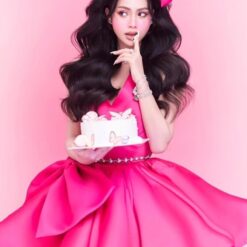 ชุดเดรส เกาะอก แต่งโบว์ สีบานเย็น 2111 Size S