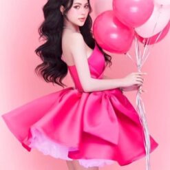 ชุดเดรส เกาะอก แต่งโบว์ สีบานเย็น 2111 Size S