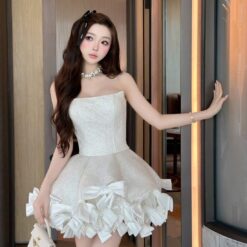 ชุดเดรส เกาะอก แต่งกลิตเตอร์+โบว์ สีขาว 2014 Size S